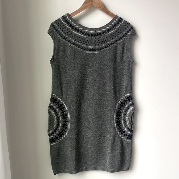 Cache Fair Isle Nordic Lambswool Blend Sweater Dress Pockets Cap Sleeve Size L - Picture 1 of 9